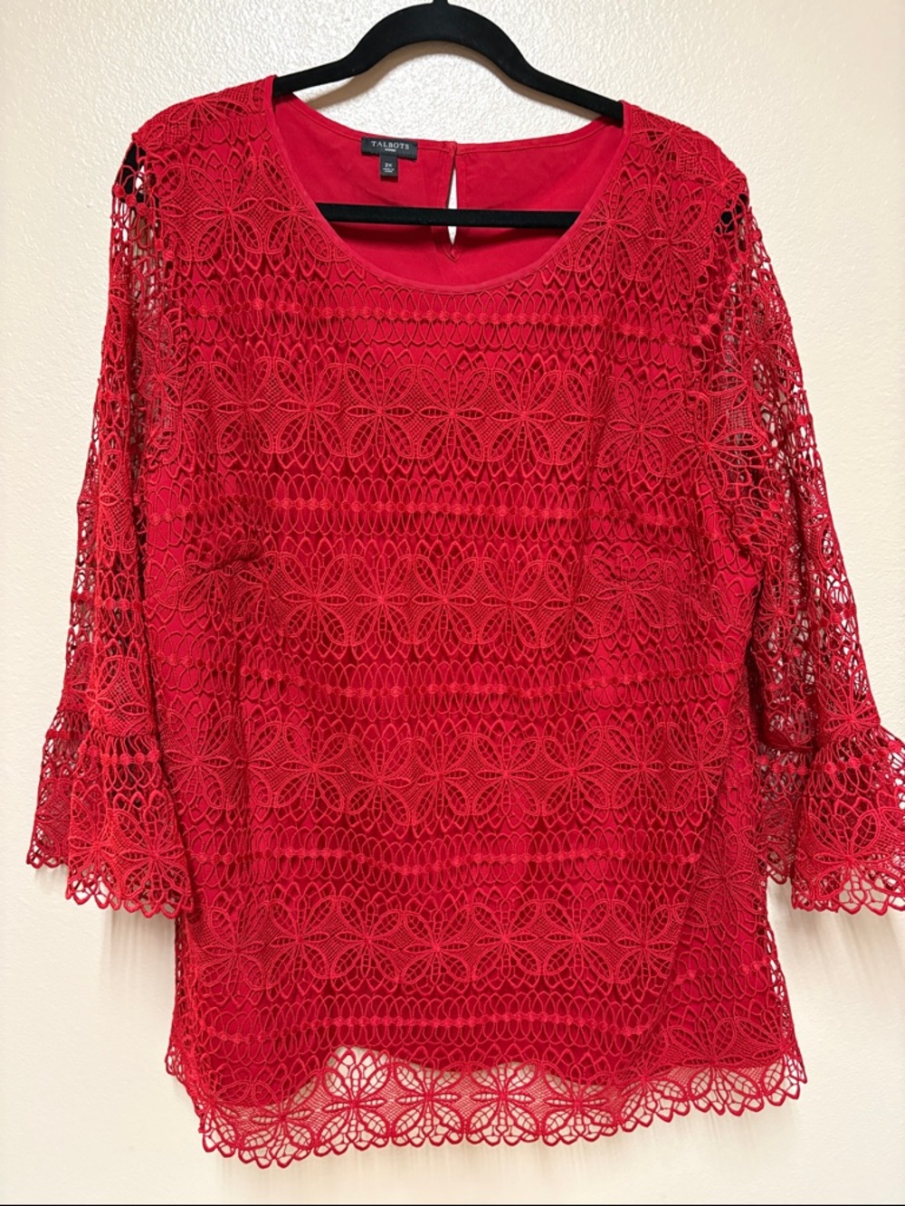 Talbots Bright Red Floral Lace Crochet Blouse